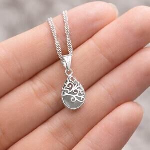Sterling Silver Necklace w/ Moonstone Teardrop Filigree Pendant Woman's Gift